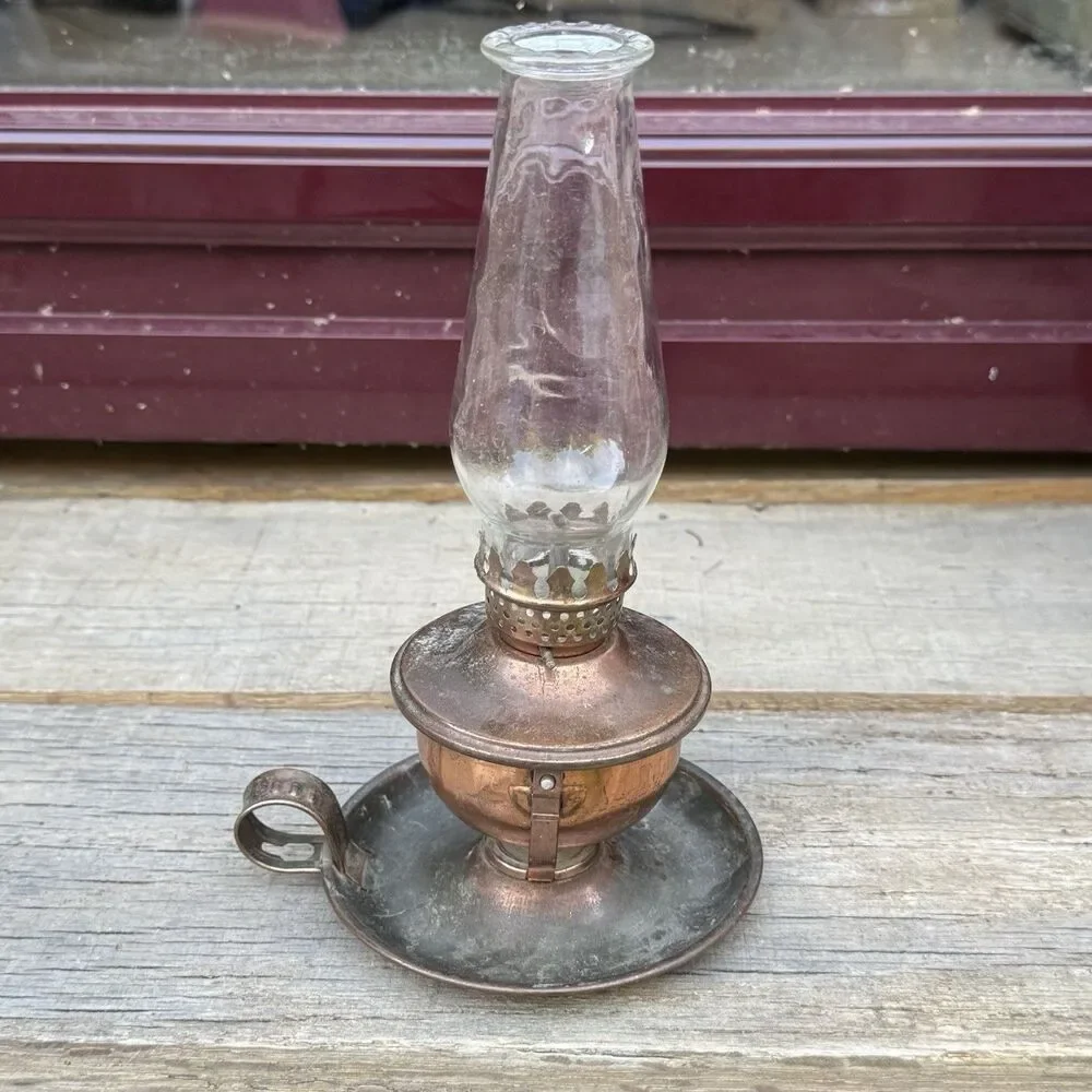 Vintage Copper Hurricane Finger Oil Lamp Swivel Base Thick Glass Shade